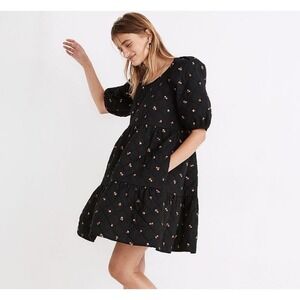 Madewell Quilted Puff-Sleeve Mini Dress‎ in Black Amie Floral (small)